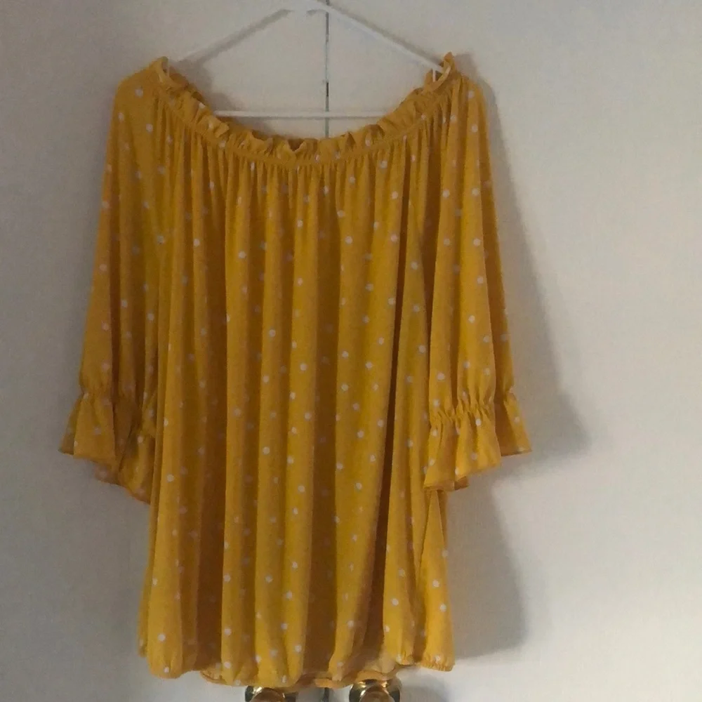 Woman’s Polkadot feminine spring yellow dainty office siren ruffled blouse top - Picture 2 of 12